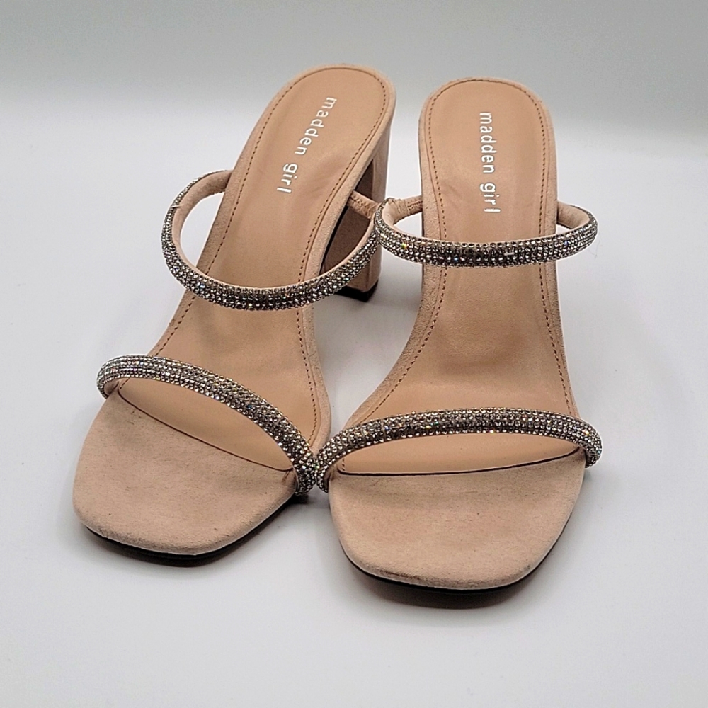 Madden Girl Womens 10Tilly Heeled Sandal Formal  Double Rhinestone Strap Block